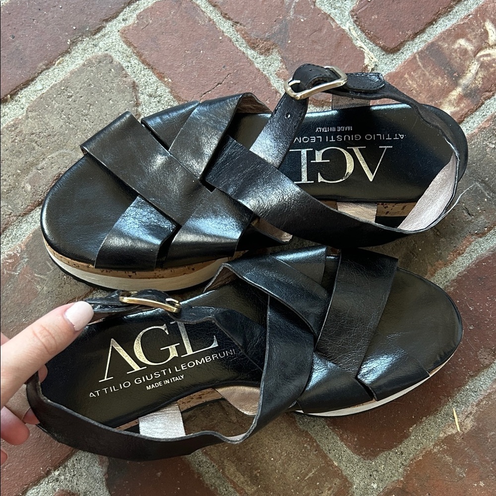 Attilio Giusti Leombruni Black Leather Cork Platform Sandals Made in Italy